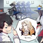  1girl 2boys ? afterimage alucard_(castlevania) black_hair blood blue_eyes blush candlelight carmilla_(fate/grand_order) castlevania castlevania:_symphony_of_the_night chaldea_uniform commentary cup dust_cloud fate/grand_order fate_(series) fujimaru_ritsuka_(male) gameplay_mechanics games_done_quick highres holding holding_cup mask multiple_boys nosebleed okiayu_ryoutarou platinum_blonde_hair richard_suwono seiyuu_connection signature smirk spoken_character translation_request twitter_username vlad_iii_(fate/apocrypha) white_hair 