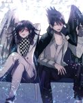  2boys angel_and_devil beard black_hair black_wings checkered checkered_scarf commentary_request danganronpa facial_hair goatee hair_between_eyes jacket jacket_on_shoulders long_hair long_sleeves looking_at_another male_focus momota_kaito multiple_boys new_danganronpa_v3 open_mouth ouma_kokichi pants purple_eyes purple_hair scarf school_uniform shirt short_hair single_wing smile spiked_hair straitjacket white_wings wings z-epto_(chat-noir86) 