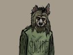  4:3 anthro clothed clothing hair hyaenid looking_at_viewer male mammal simple_background solo striped_hyena 
