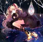  1girl arm_support asymmetrical_legwear bare_tree black_dress black_legwear black_nails blonde_hair crystal dress earrings ereshkigal_(fate/grand_order) fate/grand_order fate_(series) hair_ribbon hand_on_own_face high_heels in_water jewelry leg_ribbon long_hair looking_at_viewer lying on_side open_mouth partially_submerged petals petals_on_liquid puracotte red_eyes reflection ribbon skull_necklace solo tree two_side_up very_long_hair yellow_footwear 