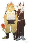  2019 anthro black_sclera clothed clothing duo felid fur hi_res hkl9917462 horn lion male mammal muscular muscular_male pantherine simple_background standing white_fur yellow_fur 