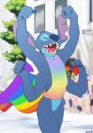  2019 4_arms 5_fingers 6/26 absurd_res alien anthro anthrofied blue_claws blue_fur blue_nose bottomless claws clothed clothing crotch_tuft disney experiment_(species) eyes_closed featureless_crotch fingers fur hi_res lgbt_history_month lgbt_pride lilo_and_stitch male multi_arm multi_limb multicolored_clothing multicolored_shirt multicolored_topwear notched_ear open_mouth open_smile outside pink_tongue pride_colors rainbow_clothing rainbow_flag rainbow_flag_(pride) rainbow_shirt rainbow_symbol rainbow_topwear raised_arm shirt shiuk sleeveless_shirt smile solo stitch tongue topwear 