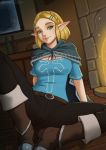  2019 belt blonde_hair boots bottomwear breasts clothed clothing deilan12 female footwear fully_clothed hair hi_res humanoid hylian nintendo pants princess_zelda sitting solo spread_legs spreading the_legend_of_zelda video_games 