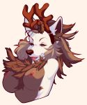  2018 anthro arctic_wolf areola big_breasts blep breasts brown_fur brown_hair bust_portrait canid canine canis digital_media_(artwork) fake_antlers female fur hair junebuq looking_at_viewer mammal multicolored_fur nipples nude portrait signature simple_background smile solo tongue tongue_out white_ears white_fur wolf 