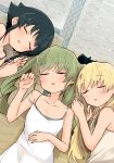  3girls absurdres anchovy bangs barashiya bare_shoulders black_hair blonde_hair blush braid breasts carpaccio cleavage closed_eyes collarbone girls_und_panzer green_hair hair_ribbon highres long_hair lying multiple_girls on_back on_floor pepperoni_(girls_und_panzer) ribbon short_hair sleeping tank_top twintails 