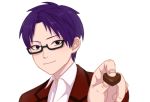  1boy black-framed_eyewear chocolate chocolate_heart glasses heart kuboyasu_aren male_focus purple_eyes purple_hair saiki_kusuo_no_psi_nan simen_sokka simple_background solo standing upper_body valentine white_background 