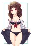  1girl alternate_costume bikini black_bikini bow breasts brown_hair collarbone cowboy_shot drill_hair front-tie_top hair_bow harukaze_(kantai_collection) ittokyu jacket kantai_collection looking_at_viewer medium_breasts navel open_clothes open_jacket red_bow red_eyes sarong simple_background smile solo standing swimsuit thigh_gap twin_drills white_background white_jacket 