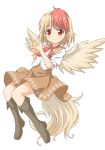  1girl bangs black_footwear blonde_hair blush boots brown_skirt brown_wings closed_mouth commentary_request eyebrows_visible_through_hair feathered_wings full_body knee_boots multicolored_hair niwatari_kutaka puffy_short_sleeves puffy_sleeves red_eyes red_hair shino_megumi shirt short_sleeves simple_background skirt smile solo touhou two-tone_hair white_background white_shirt wings 