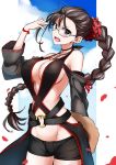  1girl :o bare_shoulders black_eyes black_shorts blush braid breasts brown_hair choker cleavage collarbone commentary_request consort_yu_(fate) cowboy_shot ear_piercing fangs fate/grand_order fate_(series) floating_hair glasses hair_ornament hair_scrunchie hand_up highres large_breasts long_hair looking_at_viewer navel open_mouth piercing red-eyes_macadamiachoco revealing_clothes scrunchie short_shorts shorts single_braid solo stomach v-shaped_eyebrows very_long_hair white-framed_eyewear 