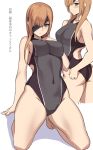  1girl ass bangs bare_arms bare_legs bare_shoulders black_swimsuit blue_eyes blush breasts brown_hair commentary_request eyebrows_visible_through_hair eyepatch fate/grand_order fate_(series) hair_over_one_eye kneeling large_breasts long_hair looking_at_viewer multiple_views navel ophelia_phamrsolone shiseki_hirame swimsuit translation_request 