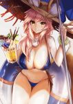  1girl animal_ear_fluff animal_ears asagik23 bangs bare_shoulders beach_umbrella bikini blue_bikini blueberry blush bracelet breasts cleavage closed_mouth collarbone cup ears_through_headwear fate/grand_order fate_(series) food fox_ears fox_girl fox_tail fruit hair_between_eyes hat highres ice_cream ice_cream_float innertube jewelry large_breasts long_hair looking_at_viewer mug navel necklace peach pink_hair pocky signature smile solo straw_hat strawberry sun_hat swimsuit tail tamamo_(fate)_(all) tamamo_no_mae_(swimsuit_lancer)_(fate) thighs umbrella yellow_eyes 