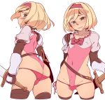  1boy ass back blonde_hair brown_eyes brown_legwear bulge cosplay covered_navel covered_nipples crossdressing djeeta_(granblue_fantasy) djeeta_(granblue_fantasy)_(cosplay) flying_sweatdrops gauntlets gran_(granblue_fantasy) granblue_fantasy hairband holding holding_sword holding_weapon leotard looking_at_viewer male_focus omiya_(louise-louis-lucille) panties pauldrons pink_panties sheath sheathed simple_background solo sword thighhighs underwear unsheathed weapon white_background wig 