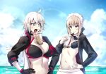  2girls :d apron artoria_pendragon_(all) artoria_pendragon_(swimsuit_rider_alter) bikini black_bikini black_gloves blonde_hair blue_sky blush breasts bubble_tea_challenge cleavage cloud commentary drinking_straw fate/grand_order fate_(series) gloves hand_on_hip hands_on_hips jacket jeanne_d&#039;arc_(alter_swimsuit_berserker) jeanne_d&#039;arc_(fate)_(all) keigen_hichou large_breasts long_hair maid_headdress multiple_girls navel ocean open_mouth outdoors pale_skin platinum_blonde_hair pout sky small_breasts smile swimsuit yellow_eyes 