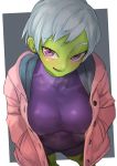  1girl bodysuit breasts cheelai coat covered_nipples dragon_ball dragon_ball_super_broly eyelashes green_skin hands_in_pockets highres hood hooded_coat hooded_jacket jacket kilye_4421 large_breasts looking_at_viewer open_mouth purple_bodysuit purple_eyes short_hair skin_tight smile solo standing white_hair 