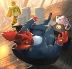  animal_crossing anthro black_fur blue_eyes canid canine canis clothed clothing domestic_dog felid female footewear fur group hi_res incineroar isabelle_(animal_crossing) jigglypuff looking_back m7 mammal multicolored_fur nintendo pantherine pok&eacute;mon pok&eacute;mon_(species) red_fur smoking two_tone_fur video_games yellow_fur yellow_sclera 