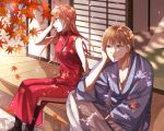  1boy 1girl autumn autumn_leaves black_footwear blue_eyes boots brown_hair china_dress chinese_clothes collarbone crossed_legs day dress eyebrows_visible_through_hair floating_hair gintama grey_hakama grey_kimono hair_between_eyes hakama head_rest highres japanese_clothes kagura_(gintama) kimono leaf long_dress long_hair maple_leaf okita_sougo open_mouth outdoors red_dress red_eyes shiny shiny_hair side_slit sitting sleeveless sleeveless_dress yayoi_(chepiiii23) 