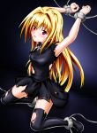  1girl absurdres armpits arms_up black_legwear black_shirt black_skirt blonde_hair blush breasts eyebrows_visible_through_hair floating_hair gobby_ekaki hair_between_eyes hair_intakes highres konjiki_no_yami long_hair looking_at_viewer miniskirt open_mouth pleated_skirt purple_eyes restrained shirt skirt sleeveless sleeveless_shirt small_breasts solo tears thighhighs to_love-ru torn_clothes torn_legwear torn_shirt torn_skirt very_long_hair zettai_ryouiki 