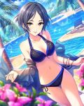  1girl bikini black_hair blurry_foreground bougainvillea_(flower) bracelet cloud deck_chair dutch_angle halter_top halterneck hayami_kanade idolmaster idolmaster_cinderella_girls ilo jewelry lips looking_at_viewer midriff navel palm_tree panties pool short_hair side-tie_panties sparkle swimsuit tree underwear water yellow_eyes 