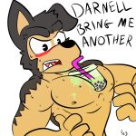 1:1 angry beverage blush bubble_tea buddy_thunderstruck_(character) buddy_thunderstruck_(series) canid canine canis challenge clothed clothing cup dialogue domestic_dog english_text foxzombiej hands-free_bubble_tea liquid male mammal meme muscular nipples pecjob pecs sex solo text topless 