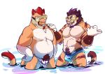  2016 abs absurd_res anthro barazoku beard biceps brown_fur brown_hair bulge clothing cougar digital_media_(artwork) dipstick_tail duo eyes_closed facial_hair felid feline front_view fur gesture hair hand_on_shoulder haps hi_res male male/male mammal markings mostly_nude multicolored_tail musclegut muscular muscular_male one_eye_closed pantherine partially_submerged pecs pointing pubes red_hair signature smile striped_fur stripes three-quarter_view tiger underwear water wet white_fur wink 