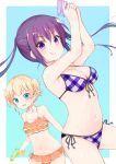  2girls absurdres alternate_hairstyle aqua_eyes armpits arms_up bangs bare_shoulders bikini bikini_skirt blonde_hair blue_background blunt_bangs blush breasts closed_mouth collarbone eyebrows_visible_through_hair frilled_bikini frills from_side front-tie_bikini front-tie_top gochuumon_wa_usagi_desu_ka? hair_between_eyes hair_ornament hairclip highres holding_water_gun kerun kirima_sharo large_breasts leg_up long_hair looking_at_viewer multiple_girls navel orange_bikini plaid plaid_bikini purple_bikini purple_eyes purple_hair raised_eyebrows shiny shiny_hair short_hair side-tie_bikini sideboob small_breasts smile standing strap_gap swimsuit tedeza_rize twintails two-tone_background white_background 