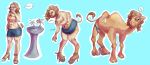  &lt;3 2014 annoyed blue_background bottomwear breasts brown_hair camel camelid clothing female feral footwear hair hi_res high_heels human human_to_feral mammal reddishmaroon sequence shoes shorts simple_background solo species_transformation spitting standing top torn_clothing transformation 