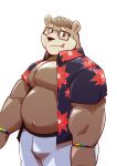  2019 absurd_res anthro bottomwear brown_fur clothed clothing cute_fangs eyewear fur glasses hi_res jumperbear male mammal navel open_shirt overweight overweight_male pants shirt simple_background solo topwear ursid white_background 