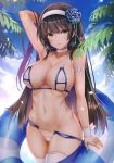  1girl absurdres arm_behind_head arm_up armpits bangs bare_shoulders bikini black_hair blue_sky blush breasts choker cleavage closed_mouth cloud cloudy_sky collarbone cowboy_shot day eyebrows_visible_through_hair flower girls_frontline hair_flower hair_ornament hairband highres innertube large_breasts lips long_hair looking_at_viewer navel oni-noboru outdoors palm_leaf palm_tree petals qbz-95_(girls_frontline) scan shiny shiny_skin sky smile solo stomach sweat sweatdrop swimsuit thighhighs thighs tree white_bikini white_legwear yellow_eyes 