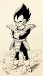  1boy armor boots crossed_arms dragon_ball dragon_ball_z full_body gloves grass greyscale highres lee_(dragon_garou) male_focus monochrome nib_pen_(medium) official_style scouter shoulder_armor smile solo toriyama_akira_(style) traditional_media vegeta widow&#039;s_peak 