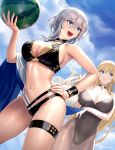  2girls :d alternate_costume arm_across_waist azur_lane ball bangs bare_shoulders bikini black_bikini black_legwear black_leotard blonde_hair blue_eyes blue_sky breasts choker cleavage cloud cross cross_choker cross_necklace cuboon day eyebrows_visible_through_hair hair_between_eyes hairband hand_on_hip holding holding_ball jewelry large_breasts leotard long_hair looking_at_viewer mole mole_on_breast multiple_girls navel necklace north_carolina_(azur_lane) open_mouth outdoors pantyhose short_hair silver_hair sky smile strapless strapless_leotard swimsuit twitter_username washington_(azur_lane) 