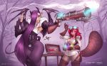  2019 5_fingers anthro clothed clothing digital_media_(artwork) duo female fingers gun hair holding_object holding_weapon humanoid hybrid jesonite mammal purple_hair ranged_weapon red_hair smile weapon 