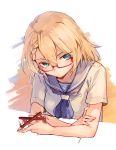  1girl blonde_hair blue_eyes braid g36_(girls_frontline) girls_frontline glasses highres looking_at_viewer pencil playing red-framed_eyewear school_uniform serafuku shuzi solo table 