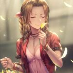  1girl aerith_gainsborough anbe_yoshirou bangs basket bracelet braid breasts brown_hair cleavage closed_eyes closed_mouth collarbone commentary_request dress final_fantasy final_fantasy_vii flower highres holding indoors jacket jewelry light_particles lips long_hair medium_breasts necklace parted_bangs petals pink_dress red_jacket shiny shiny_hair short_sleeves solo tied_hair upper_body zipper zipper_pull_tab 