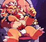  2017 3_toes 4_fingers anthro balls_outline belly bowser bracelet bulge chair chest_tuft claws clothing detailed_background digital_media_(artwork) duo eyebrows fan_character fingers fungus fur gesture grin hair haps hi_res holding_object horn jewelry koopa looking_at_viewer male mammal mario_bros muscular muscular_male mushroom nintendo pecs pig_nose pointing pubes red_fur scalie shell signature sitting smile solo_focus spiked_bracelet spiked_shell spikes suid suina sus_(pig) throne toes tongue tongue_out tuft turtle_shell underwear video_games white_hair wild_boar 