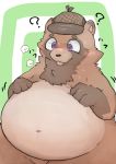  2019 ? anthro belly big_belly blep blush brown_fur canid canine clothing fur hat headgear headwear humanoid_hands japanese_text mammal navel obese overweight paserifb raccoon_dog simple_background tanuki text tongue tongue_out 