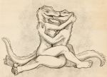  2019 5_fingers anthro breasts caribou_(artist) crocodile crocodilian crocodylid female fingers male male/female non-mammal_breasts nude reptile scalie simple_background sitting 