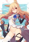  1girl ;) absurdres animal_ears ass_visible_through_thighs black_legwear blonde_hair breasts bright_pupils closed_mouth contrapposto cowboy_shot eyebrows_visible_through_hair flower g41_(girls_frontline) girls_frontline gun hair_between_eyes hair_ornament highres light_trail long_hair looking_at_viewer low_twintails mismatched_legwear navel one_eye_closed outside_border panties prosthesis prosthetic_arm red_eyes revealing_clothes scan sh_(562835932) small_breasts smile solo string_panties symbol-shaped_pupils thigh_strap thighhighs twintails underwear very_long_hair weapon white_legwear white_panties 