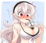  1girl bikini black_hairband blue_background blush breasts bubble_tea bubble_tea_challenge cleavage corrin_(fire_emblem) corrin_(fire_emblem)_(female) cup drinking_straw eromame fire_emblem fire_emblem_fates fire_emblem_heroes hairband large_breasts long_hair pointy_ears red_eyes simple_background solo swimsuit twitter_username upper_body white_hair 