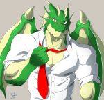  anthro clothed clothing dragon dress_shirt fully_clothed green_scales half_body hi_res male membrane_(anatomy) membranous_wings muscular muscular_male necktie orange_eyes scales shirt solo subaru_aotk topwear unbuttoned wings 