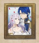  1boy 1girl blue_eyes blue_hair closed_mouth deirdre_(fire_emblem) fire_emblem fire_emblem:_genealogy_of_the_holy_war gloves hair_ornament highres husband_and_wife kyufe long_hair parted_lips petals photo_(object) picture_frame purple_eyes purple_hair short_hair sigurd_(fire_emblem) smile upper_body white_gloves 