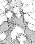  2boys abs bangs bed belly belt blush cloud_strife cm collar collarbone final_fantasy freckles greyscale heart leg_grab looking_at_viewer lying male_focus monochrome multiple_boys navel on_back on_bed open_mouth pillow plaid shirt signature tank_top torso_grab undressing yaoi 
