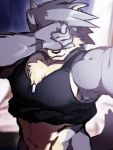  1boshi 3:4 abs anthro athletic athletic_male canid canine canis chest_fur clothed clothing detailed_background domestic_dog fur grey_fur grey_hair hair husky kemono kouya_(morenatsu) light male mammal morenatsu multicolored_fur navel nordic_sled_dog solo spitz sunlight topwear two_tone_fur 