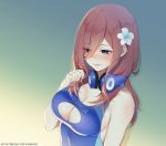  1girl bangs bare_shoulders blue_eyes blue_swimsuit blush breasts brown_hair cleavage closed_mouth english_commentary eyebrows_visible_through_hair eyes_visible_through_hair flower go-toubun_no_hanayome hair_between_eyes hair_flower hair_ornament headphones headphones_around_neck holding holding_hair large_breasts long_hair looking_down nakano_miku one-piece_swimsuit pout sideboob smile swimsuit tofuubear 