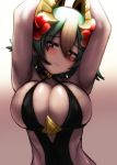  1girl absurdres arms_up black_swimsuit blush breasts dark_skin fire_emblem fire_emblem_heroes flower gradient_hair green_hair gupunetsu hair_flower hair_ornament highres laegjarn_(fire_emblem) large_breasts multicolored_hair orange_hair parted_lips red_eyes short_hair simple_background solo swimsuit upper_body 