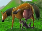  anthro blurred_background bodily_fluids breast_milking detailed_background drinking duo equid equine female female/female feral grass hi_res horse invalid_tag kangaroo lactating larger_female macropod mammal marsupial milk milvusb nude size_difference teats udders 