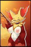  2019 anthro areola belly big_breasts breasts canid canine delphox digital_media_(artwork) eyewear female fur glasses inner_ear_fluff jewelry looking_at_viewer mammal navel necklace nintendo nipple_piercing nipples nude piercing pok&eacute;mon pok&eacute;mon_(species) pussy simple_background slightly_chubby smile solo sruto thick_thighs tuft video_games yellow_fur 