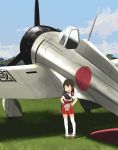  1girl a5m aircraft airplane akagi_(kantai_collection) annin_musou bandaid bandaid_on_face black_hair blue_sky cloud commentary_request day full_body geta grass hakama hakama_skirt hands_in_pockets highres japanese_clothes kantai_collection long_hair muneate open_mouth outdoors red_hakama round_teeth sandals sky smile solo standing straight_hair tasuki teeth thighhighs upper_teeth white_legwear younger 
