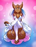  2019 absurd_res anthro anthrofied bare_shoulders blue_background blue_eyes blush breasts brown_fur chest_tuft claws cleavage clothed clothing collar_of_keidranification crossed_legs digitigrade dress female fluffy fluffy_tail fur garter_straps gradient_background hi_res jewelry keidran legwear looking_at_viewer mammal mrs._nibbly necklace open_mouth pawpads pink_background rodent sciurid shoulder_tuft simple_background sitting solo stockings thigh_highs toe_claws tom_fischbach tree_squirrel tuft twokinds webcomic wedding_dress 