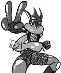  amphibian anthro biped female fishnet greninja looking_at_viewer monochrome nintendo pok&eacute;mon pok&eacute;mon_(species) short_tail signature simple_background solo thick_thighs tongue trialtrex21 video_games 