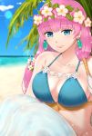  1girl beach bikini blue_eyes blue_sky breasts cleavage closed_mouth cloud day earrings fire_emblem fire_emblem_heroes gunnthra_(fire_emblem) head_wreath highres jewelry knees_up large_breasts long_hair outdoors pazuzu438 pink_hair sitting sky smile solo swimsuit water 